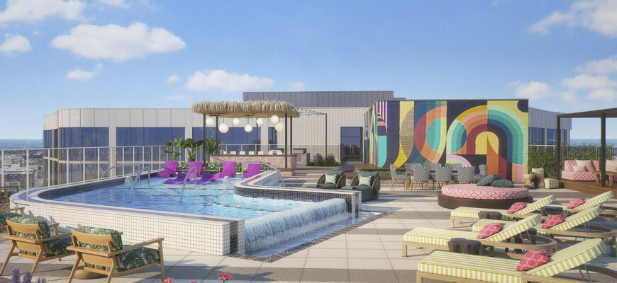 view of rooftop pool, lounge, at Albion apartments